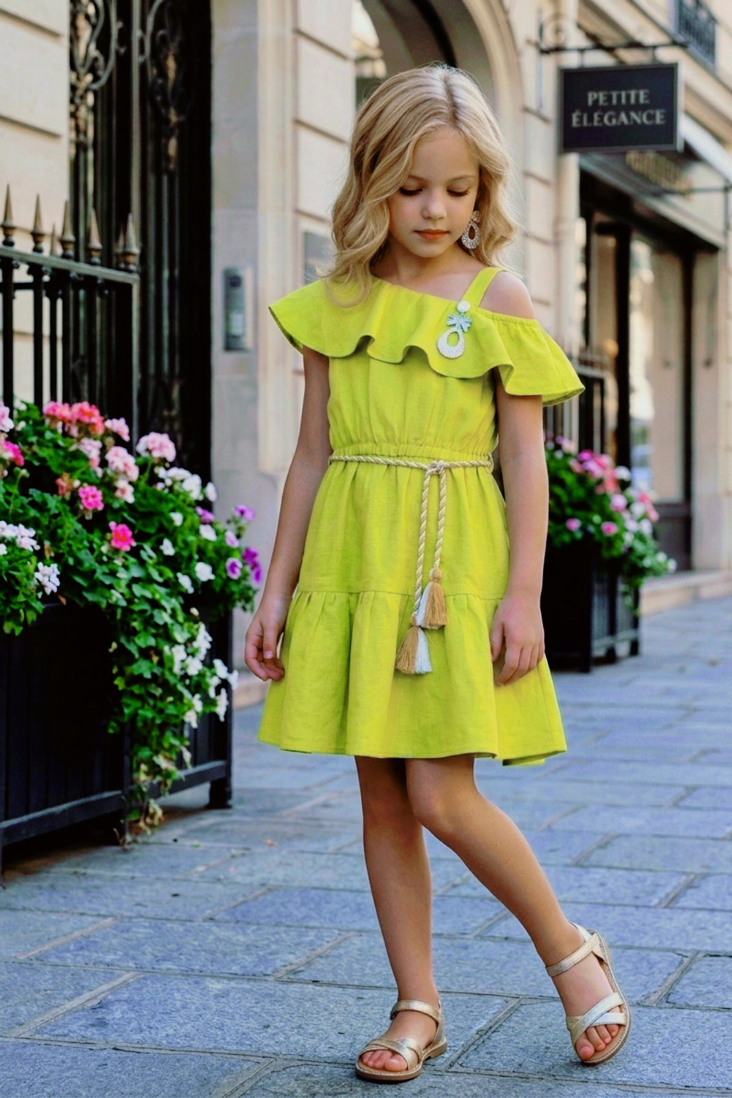 Girls Green Off-Shoulder Ruffle Dress with Belt