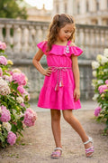 Girls Pink Off-Shoulder Ruffle Dress with Belt
