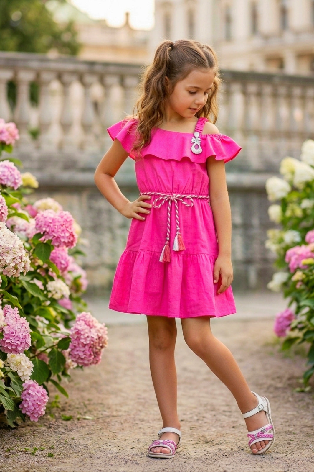 Girls Pink Off-Shoulder Ruffle Dress with Belt
