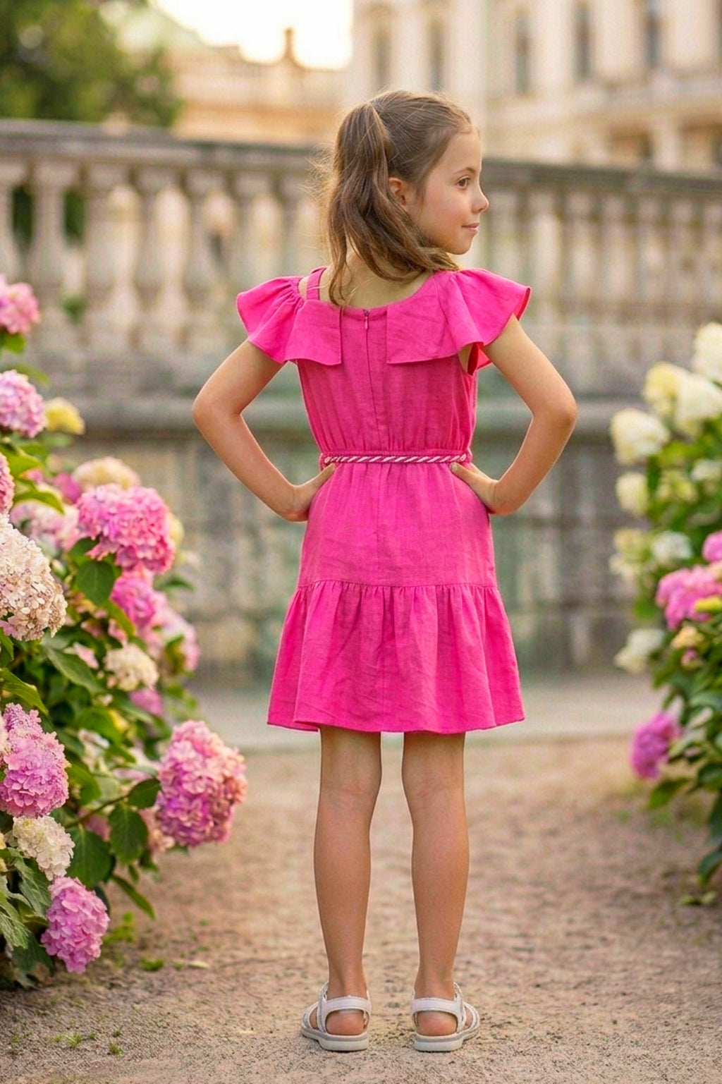 Girls Pink Off-Shoulder Ruffle Dress with Belt