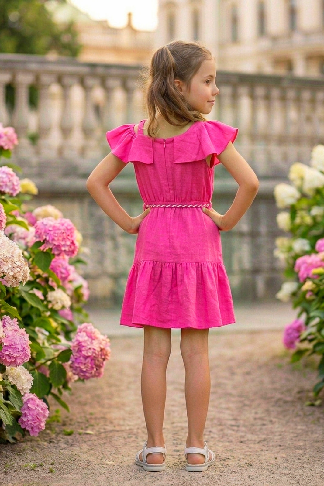 Girls Pink Off-Shoulder Ruffle Dress with Belt