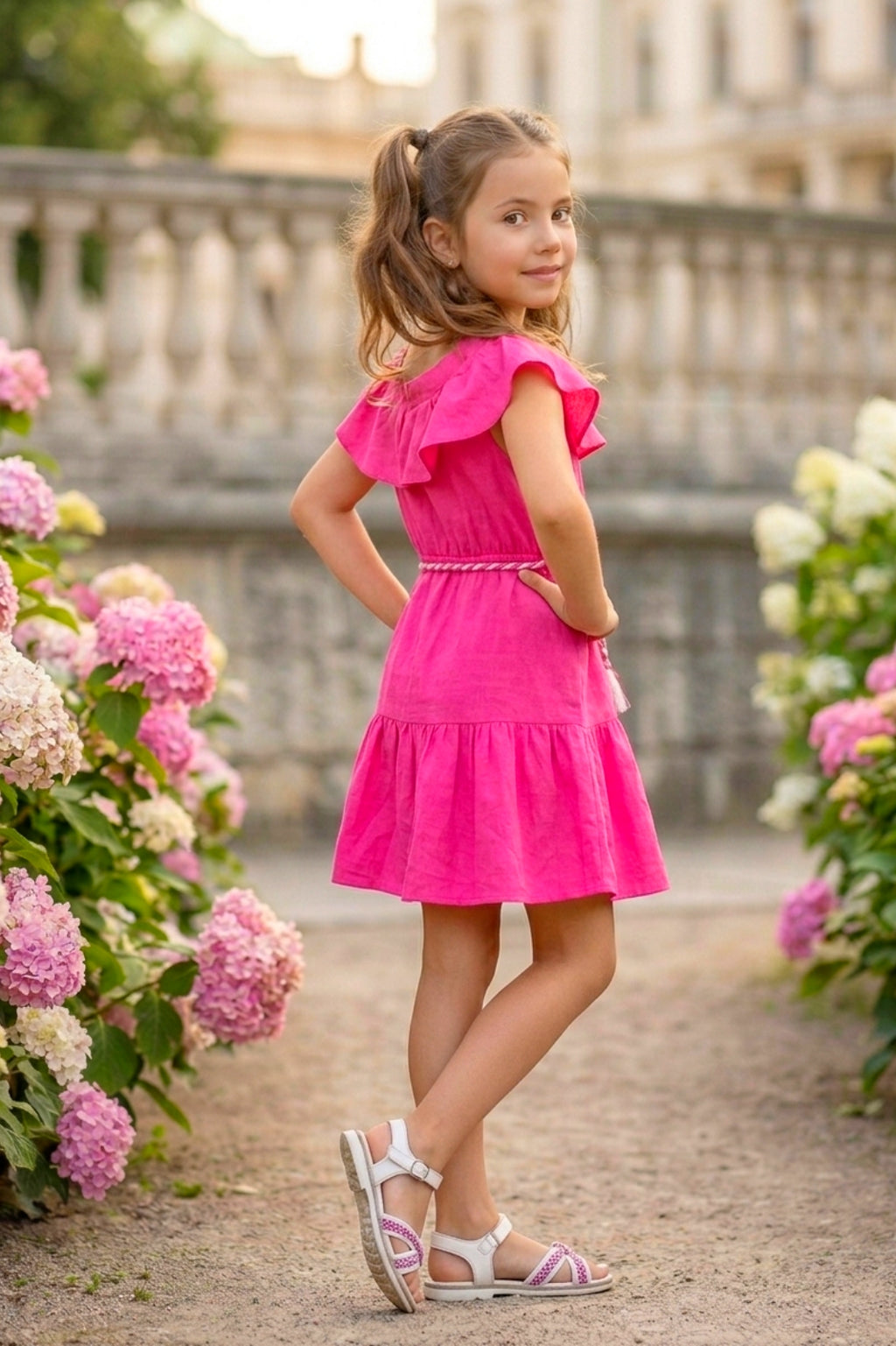 Girls Pink Off-Shoulder Ruffle Dress with Belt
