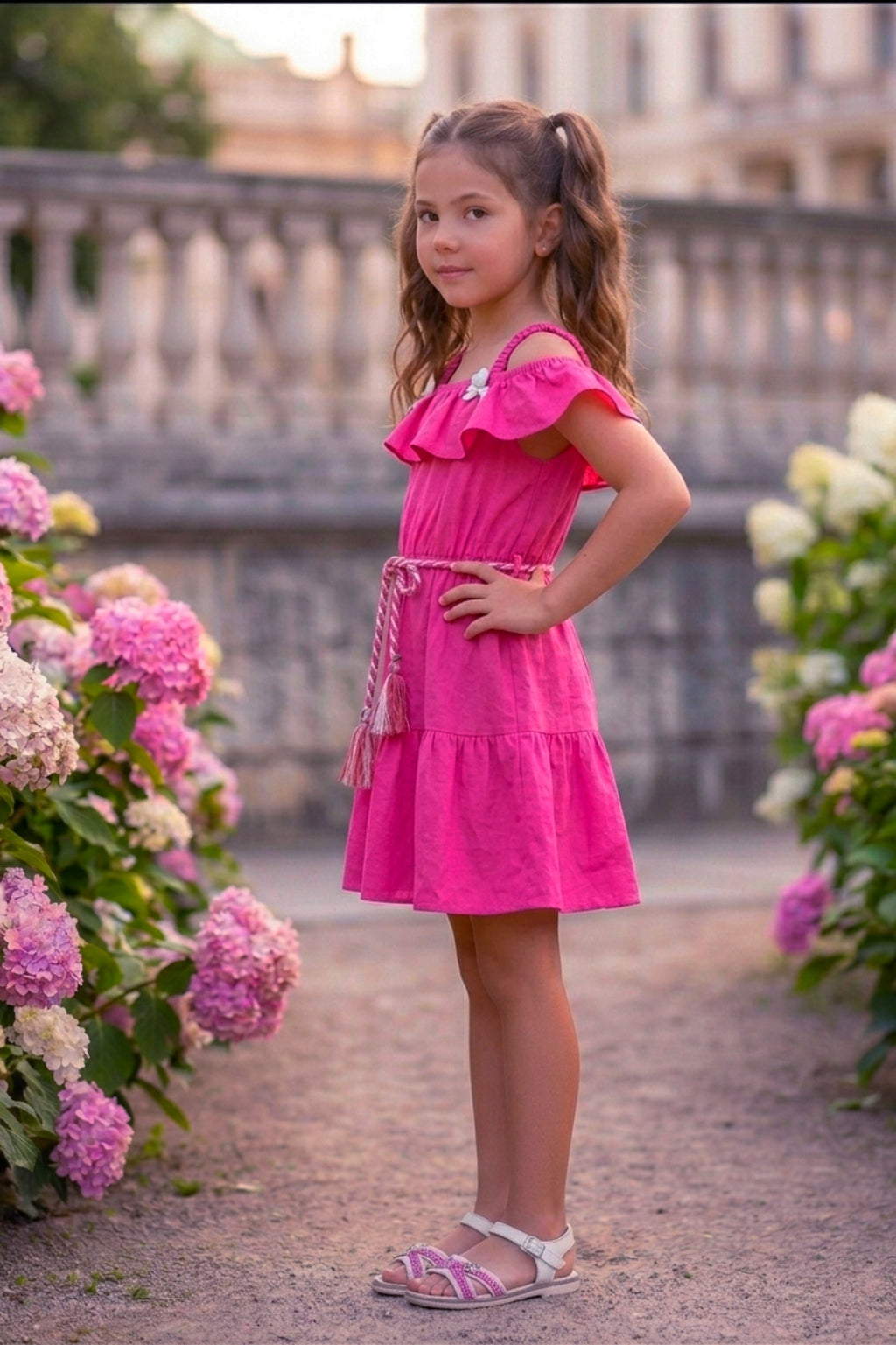 Girls Pink Off-Shoulder Ruffle Dress with Belt