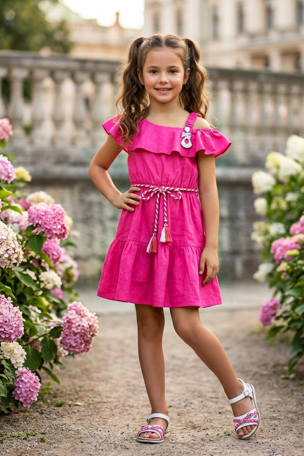 Girls Pink Off-Shoulder Ruffle Dress with Belt