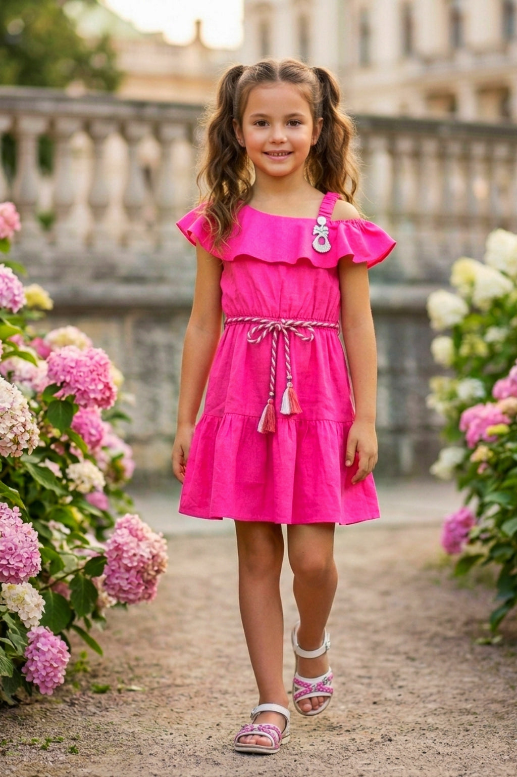 Girls Pink Off-Shoulder Ruffle Dress with Belt