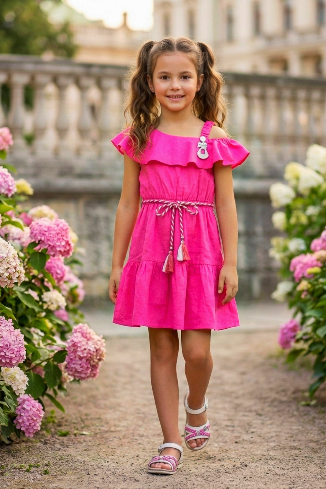 Girls Pink Off-Shoulder Ruffle Dress with Belt