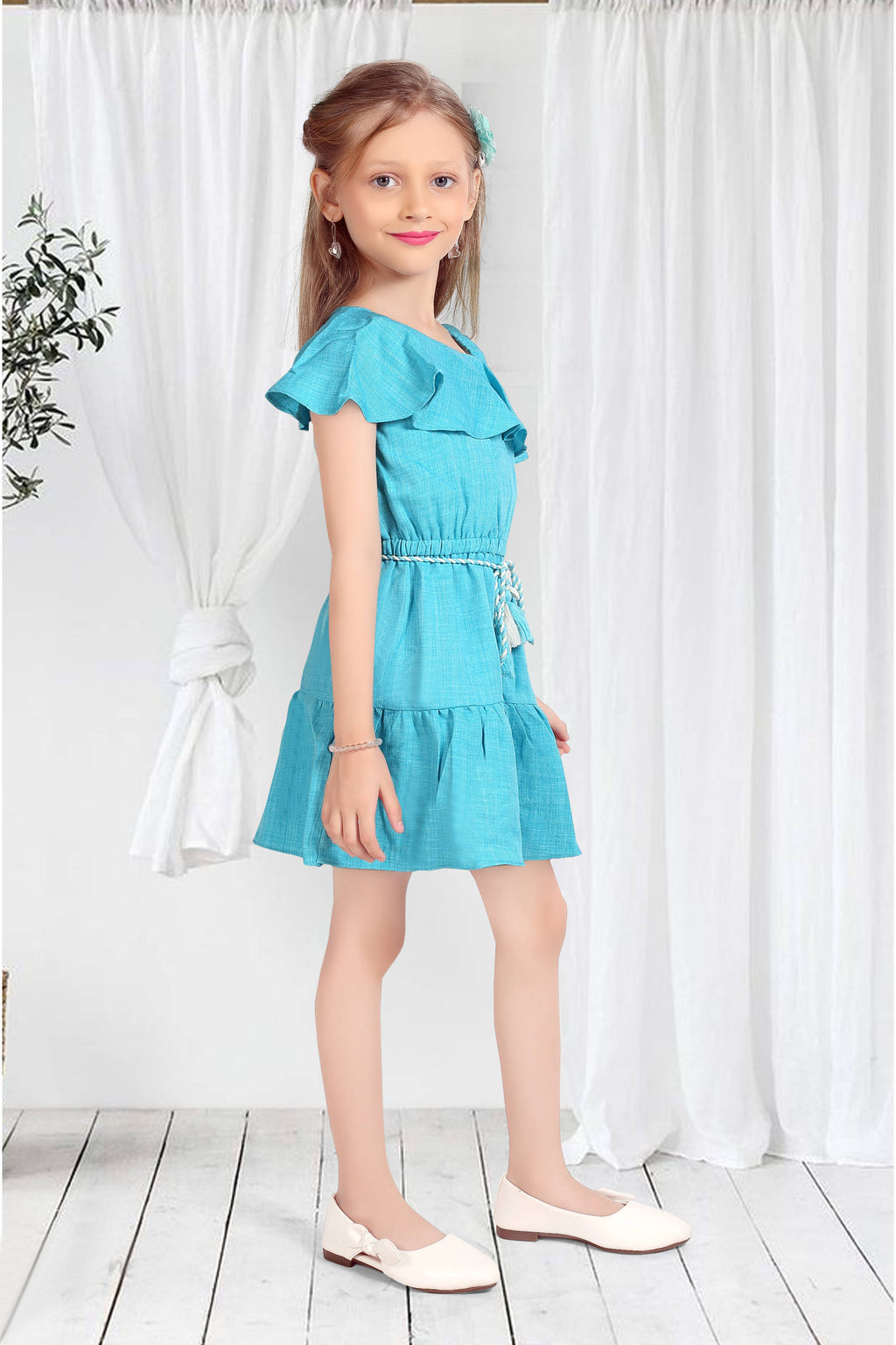 Girls Blue Off-Shoulder Ruffle Dress with Belt