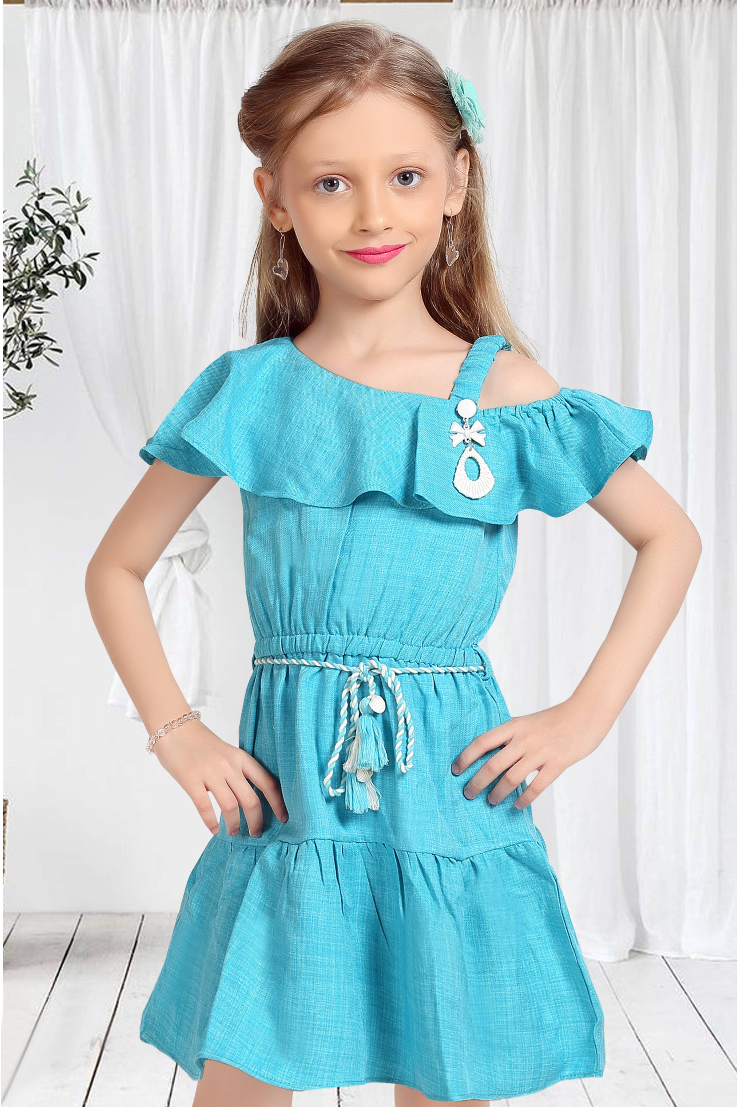 Girls Blue Off-Shoulder Ruffle Dress with Belt