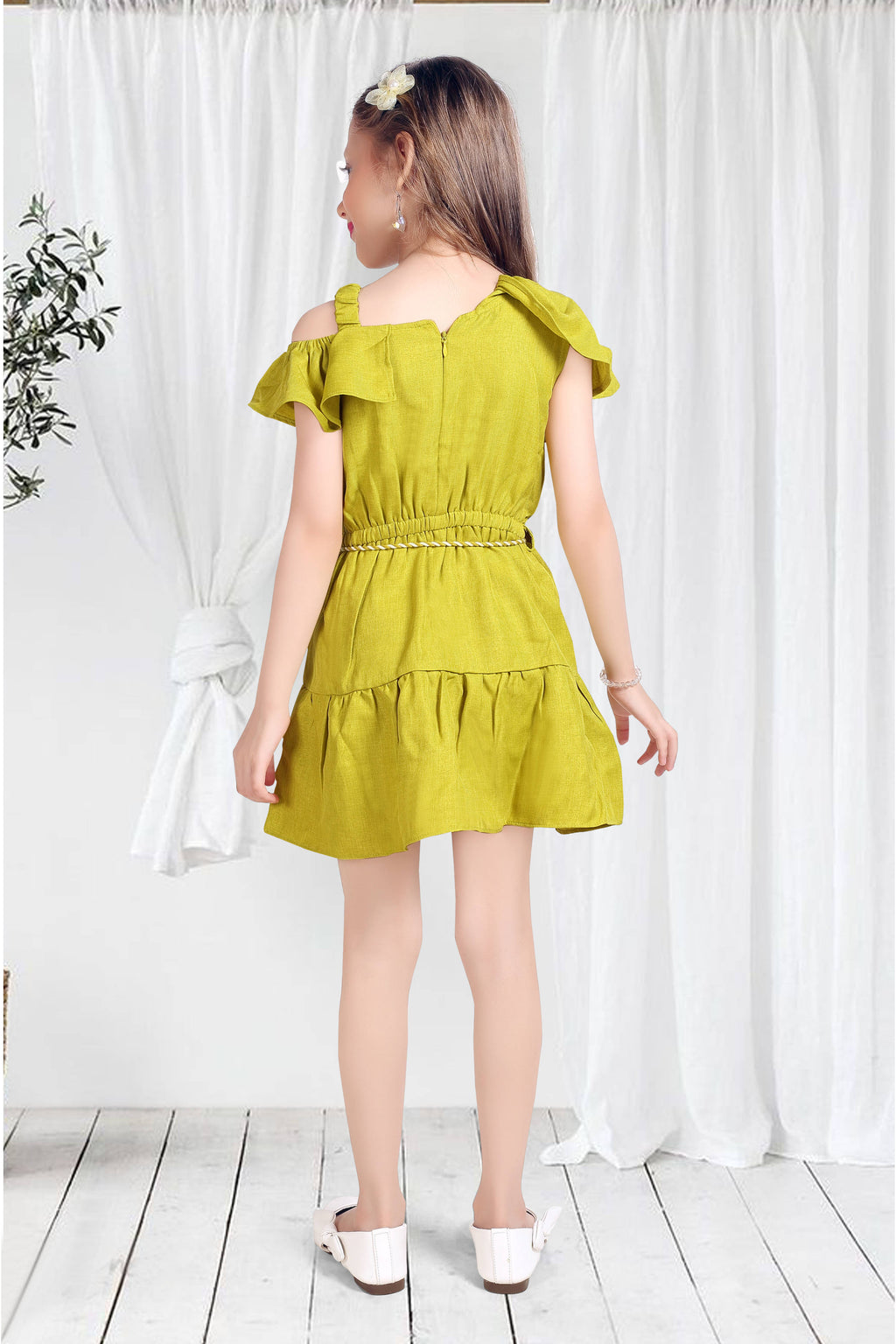 Girls Green Off-Shoulder Ruffle Dress with Belt