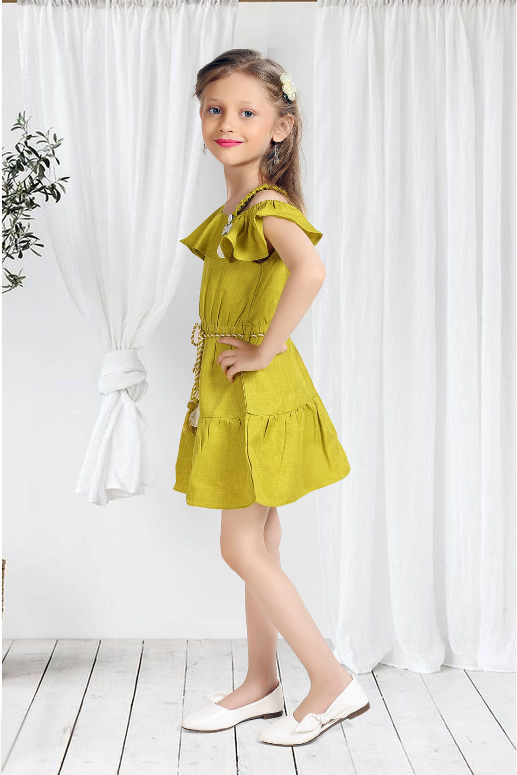 Girls Green Off-Shoulder Ruffle Dress with Belt