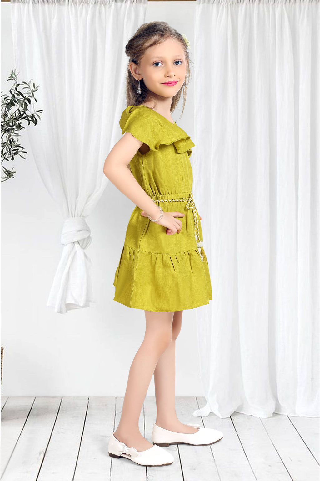 Girls Green Off-Shoulder Ruffle Dress with Belt