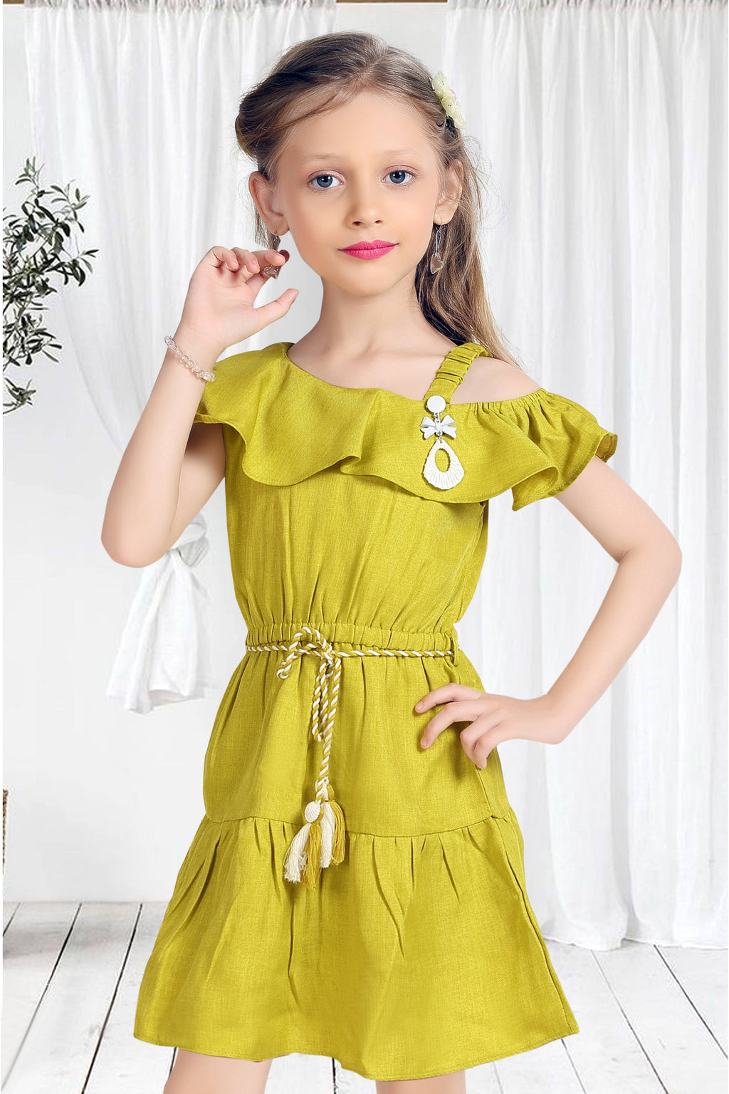 Girls Green Off-Shoulder Ruffle Dress with Belt