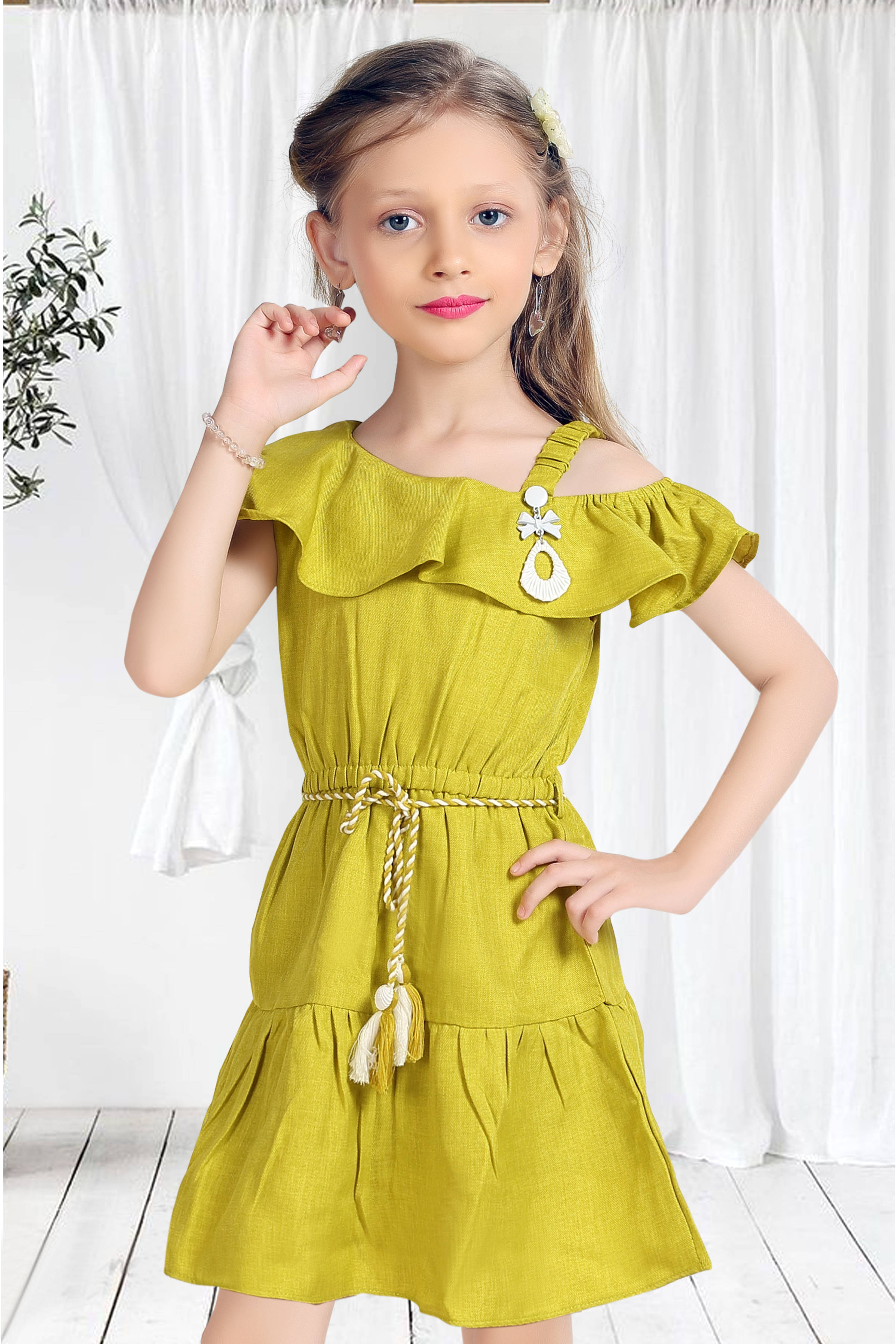 Girls Green Off-Shoulder Ruffle Dress with Belt