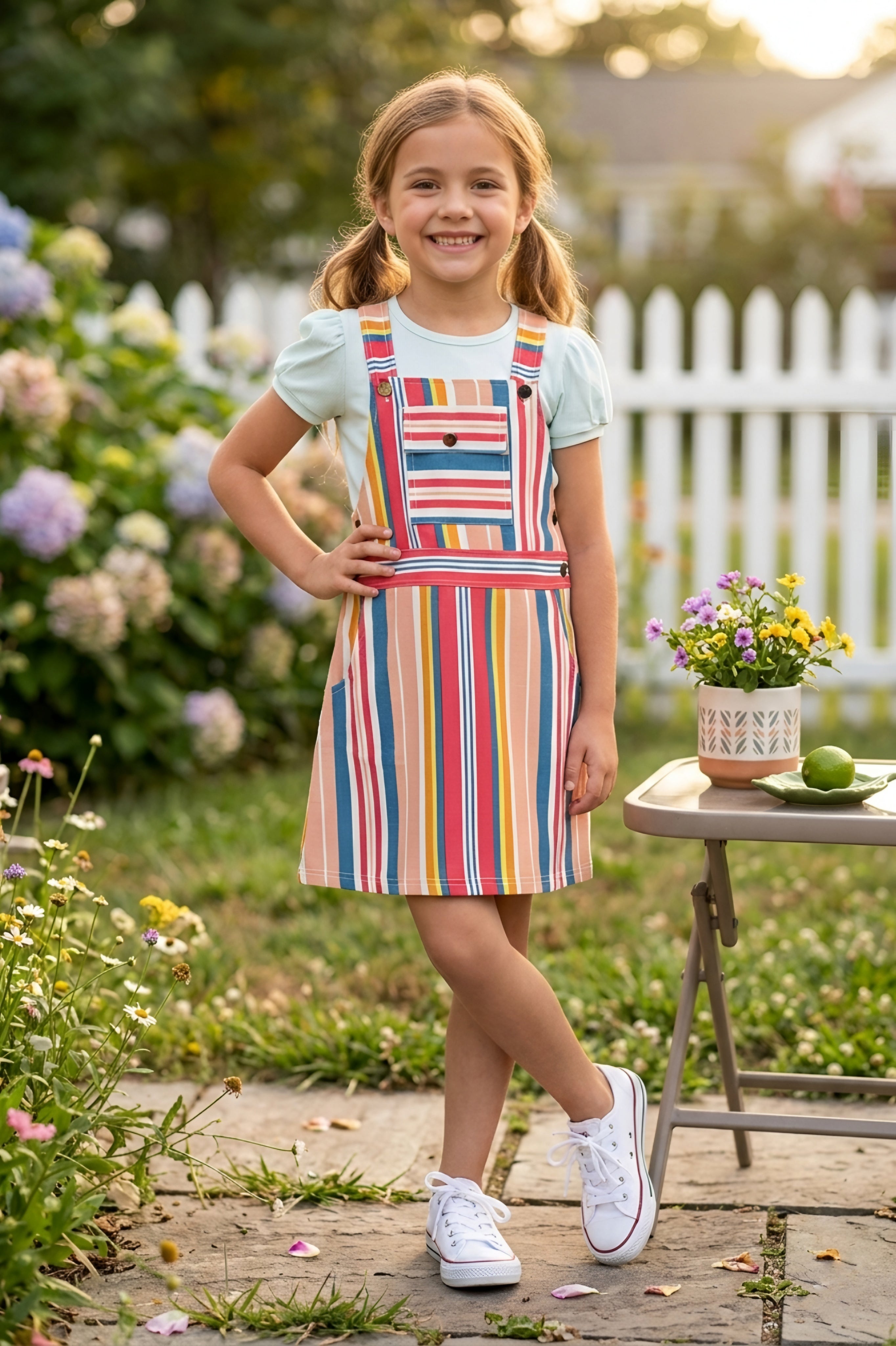 Girls Peach Vibrant Multi-Color Striped Dungaree Set with White Inner Tee