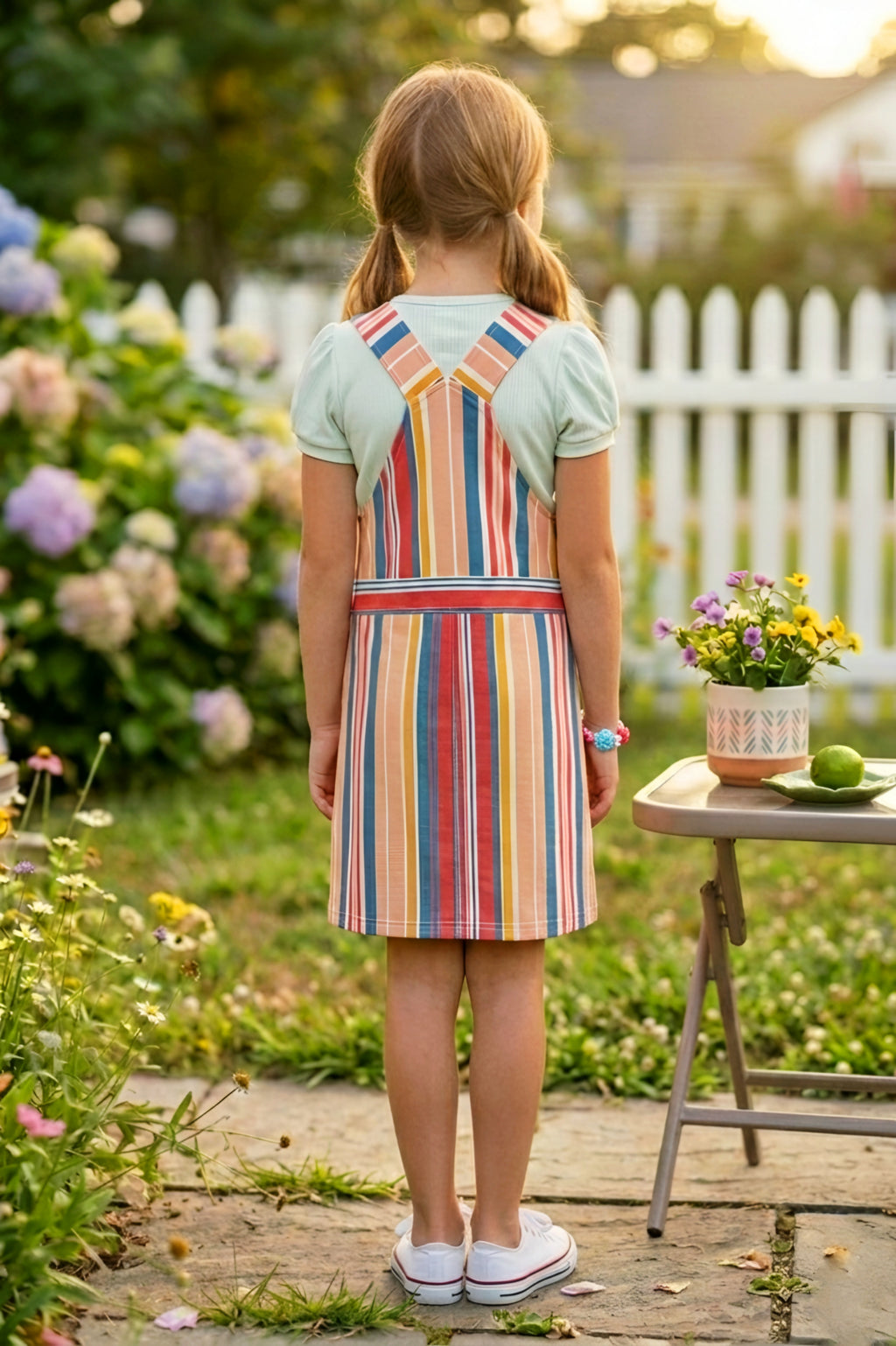 Girls Peach Vibrant Multi-Color Striped Dungaree Set with White Inner Tee