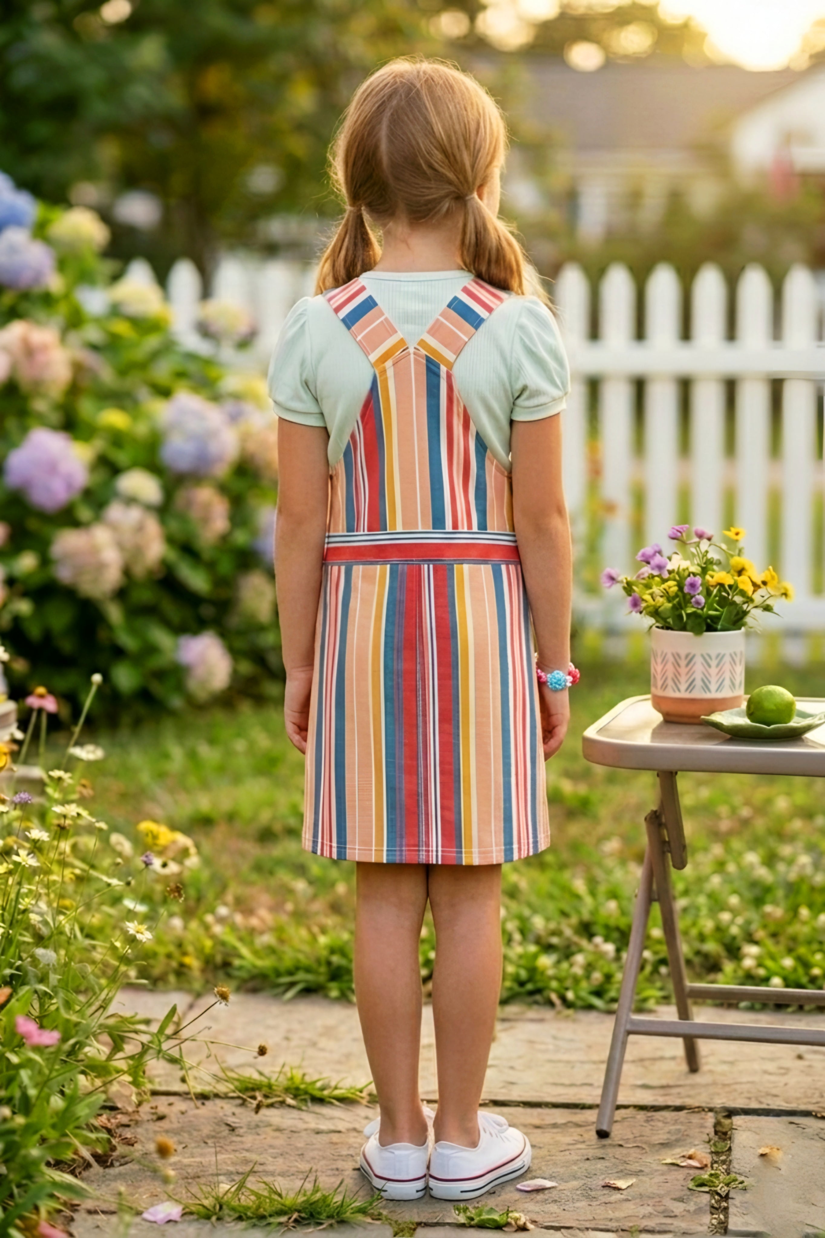 Girls Peach Vibrant Multi-Color Striped Dungaree Set with White Inner Tee