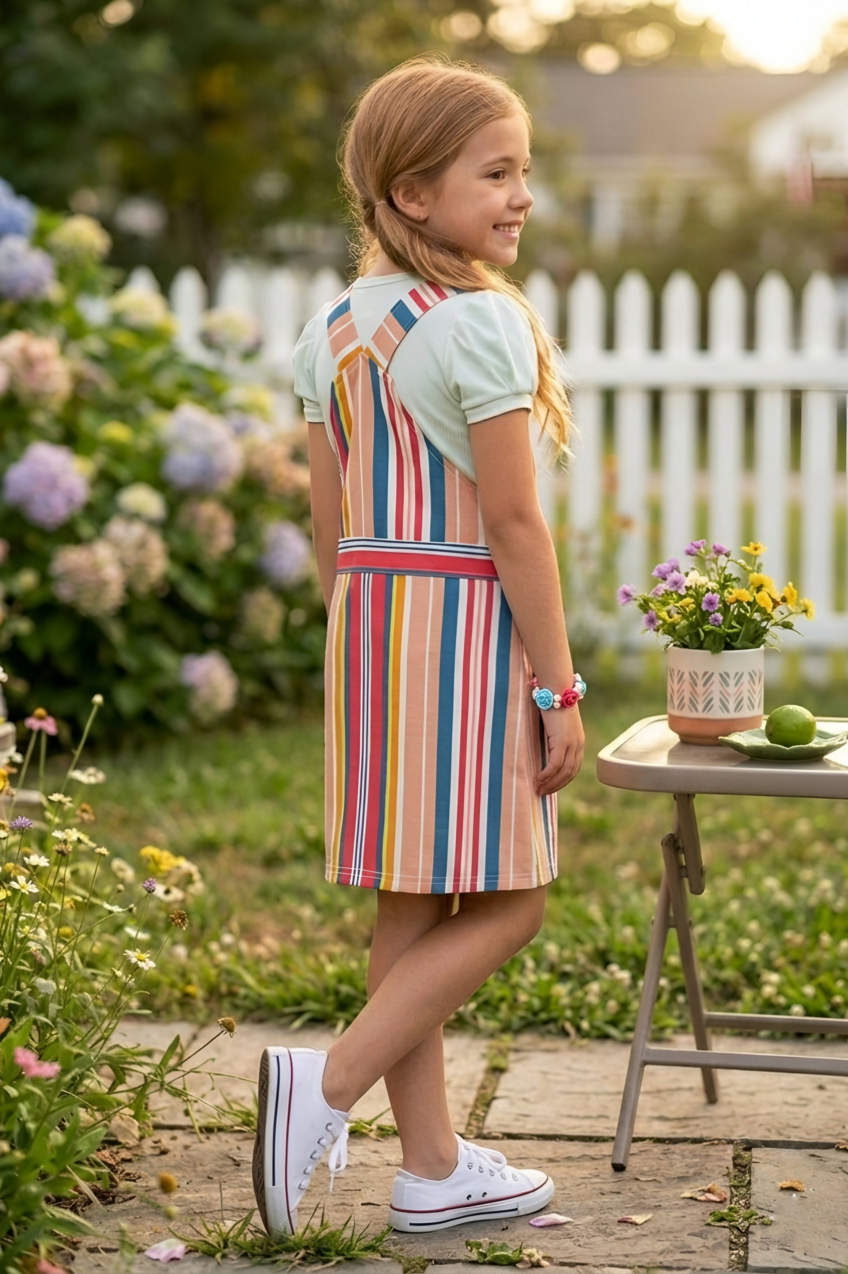 Girls Peach Vibrant Multi-Color Striped Dungaree Set with White Inner Tee