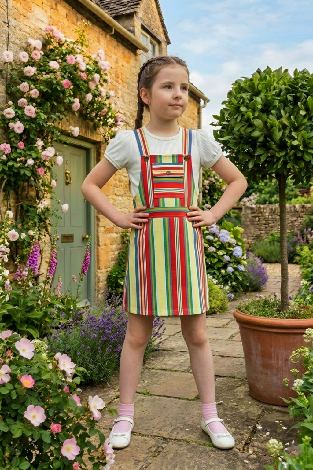 Girls Yellow Vibrant Multi-Color Striped Dungaree Set with White Inner Tee