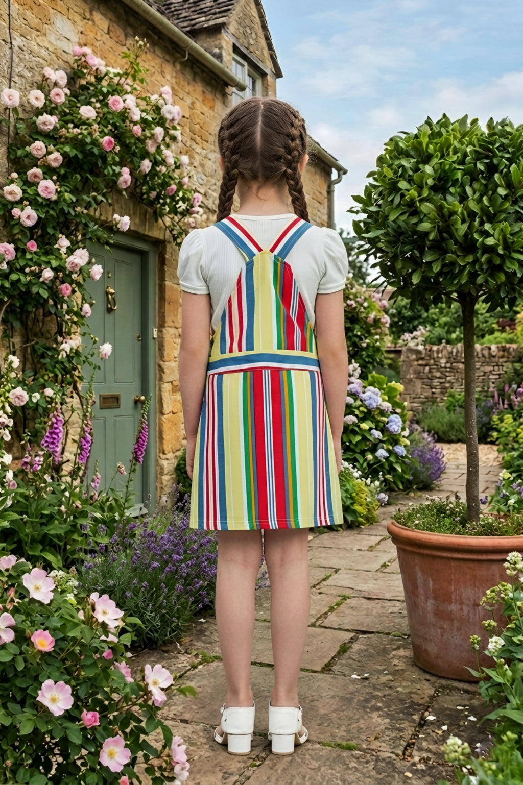 Girls Yellow Vibrant Multi-Color Striped Dungaree Set with White Inner Tee