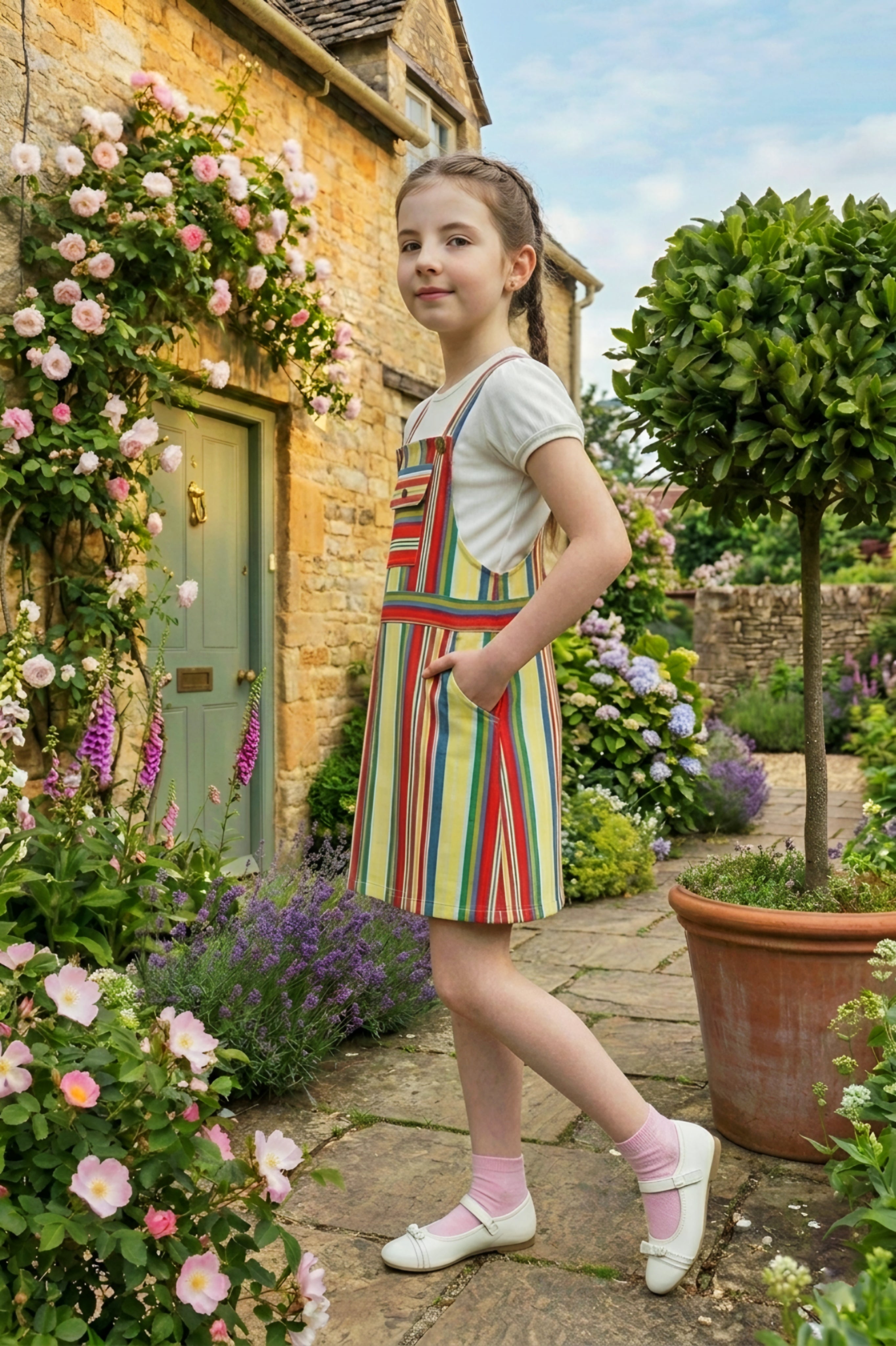 Girls Yellow Vibrant Multi-Color Striped Dungaree Set with White Inner Tee