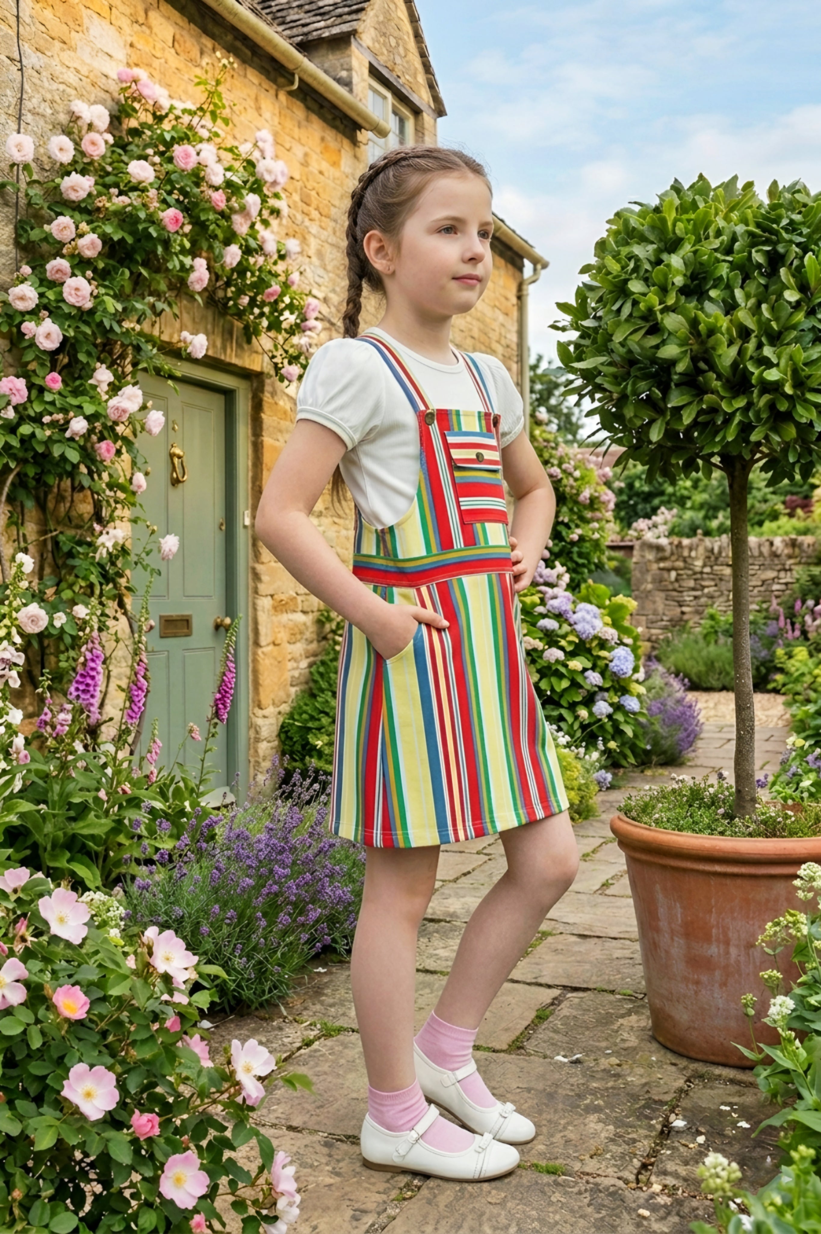 Girls Yellow Vibrant Multi-Color Striped Dungaree Set with White Inner Tee