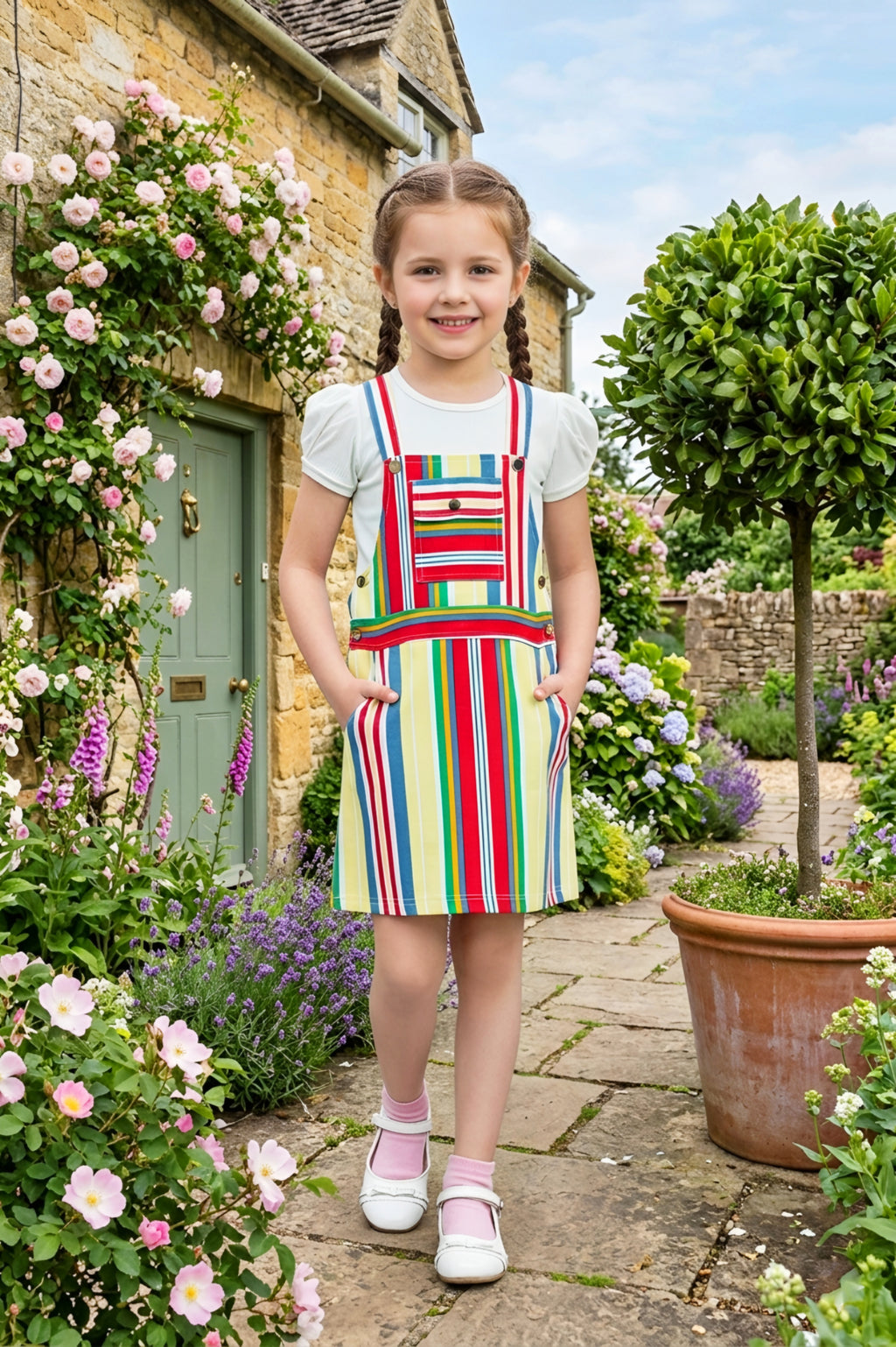 Girls Yellow Vibrant Multi-Color Striped Dungaree Set with White Inner Tee