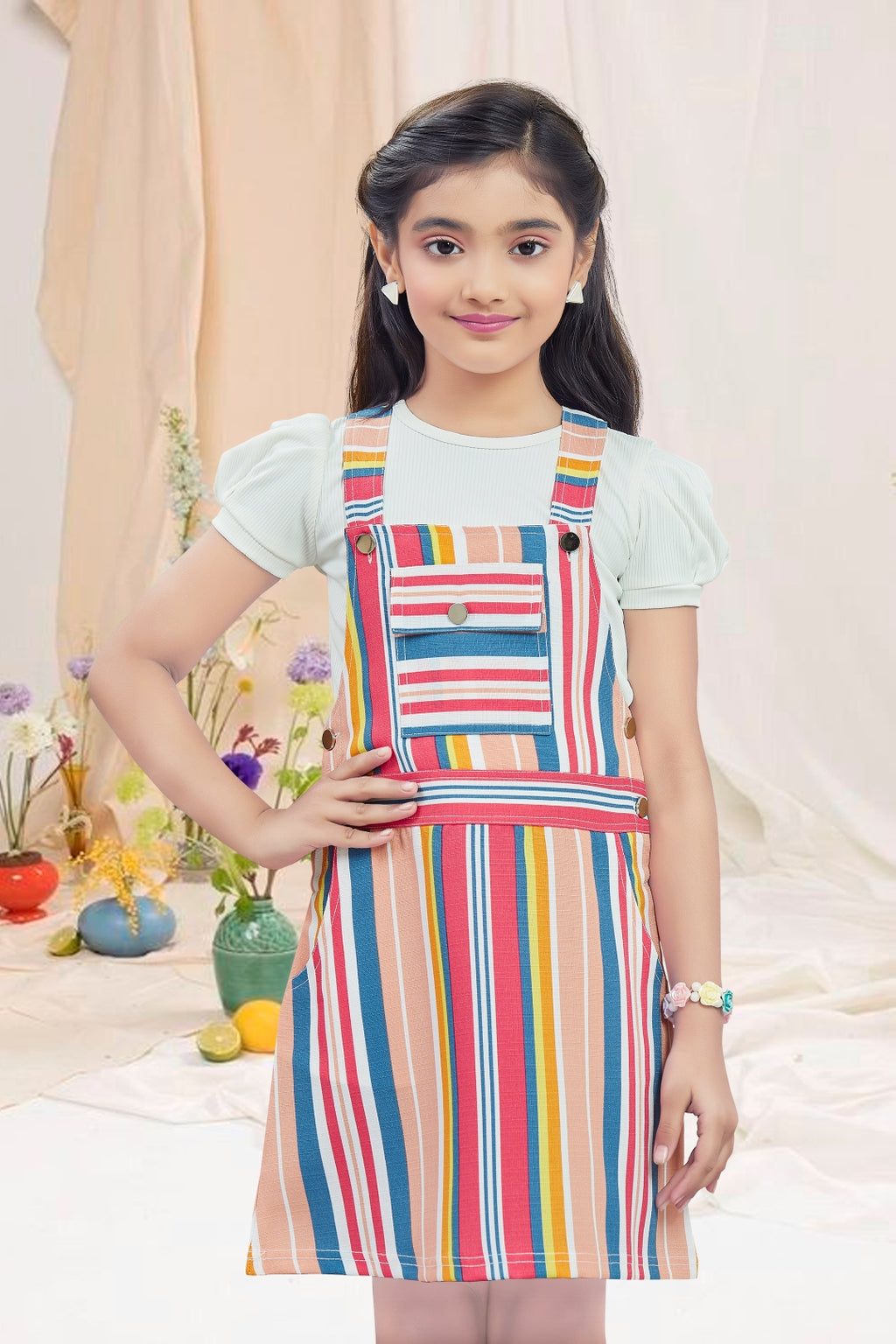 Girls Peach Vibrant Multi-Color Striped Dungaree Set with White Inner Tee