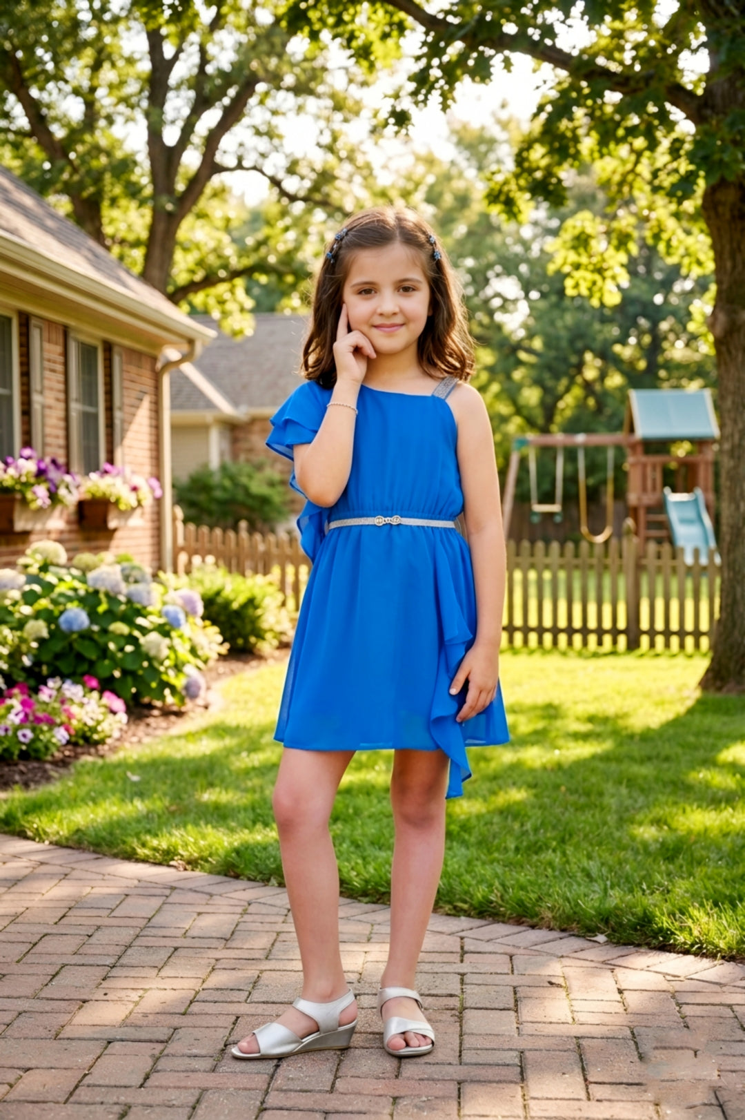 Girls Blue One-Shoulder Ruffle Party Dress with a Belt