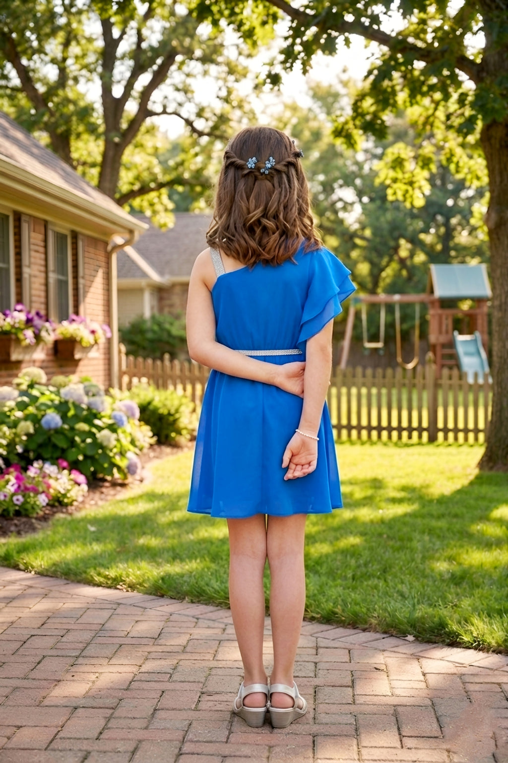 Girls Blue One-Shoulder Ruffle Party Dress with a Belt