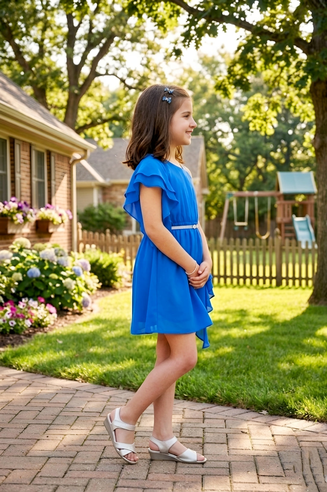 Girls Blue One-Shoulder Ruffle Party Dress with a Belt