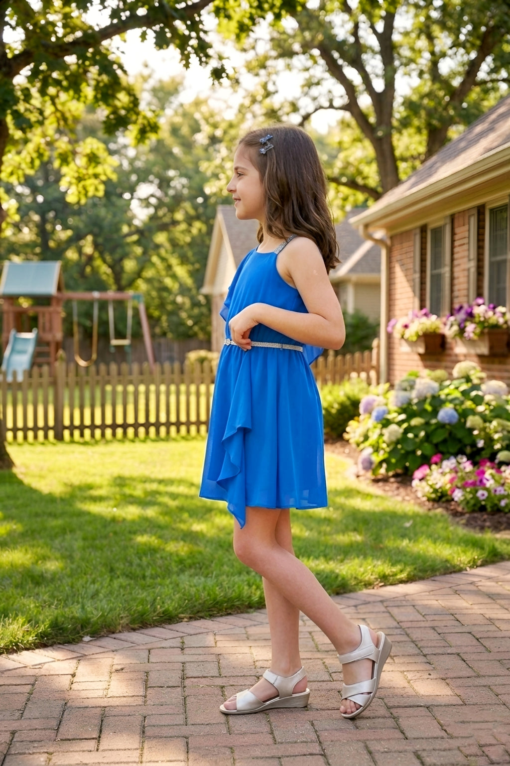 Girls Blue One-Shoulder Ruffle Party Dress with a Belt
