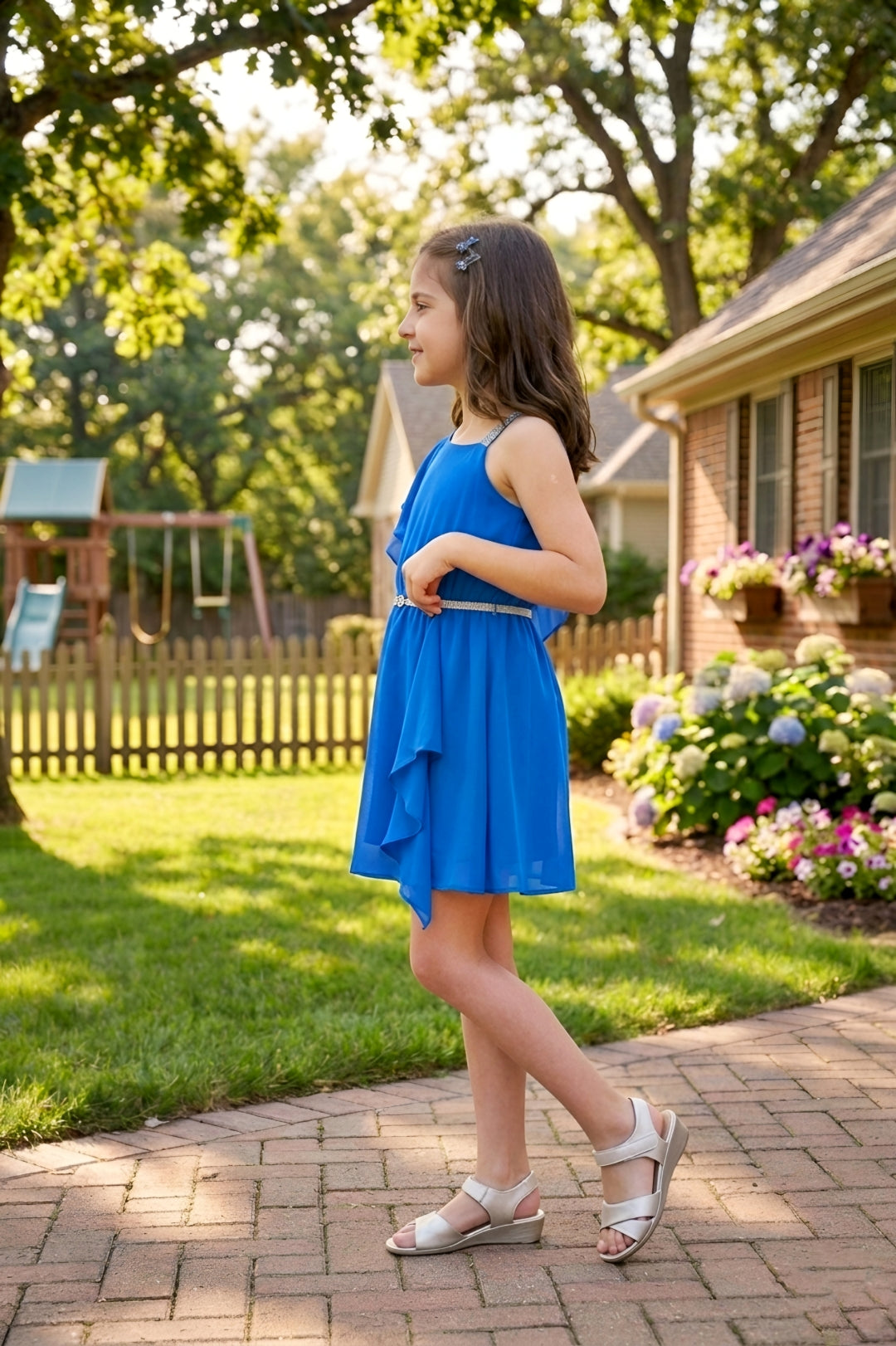 Girls Blue One-Shoulder Ruffle Party Dress with a Belt