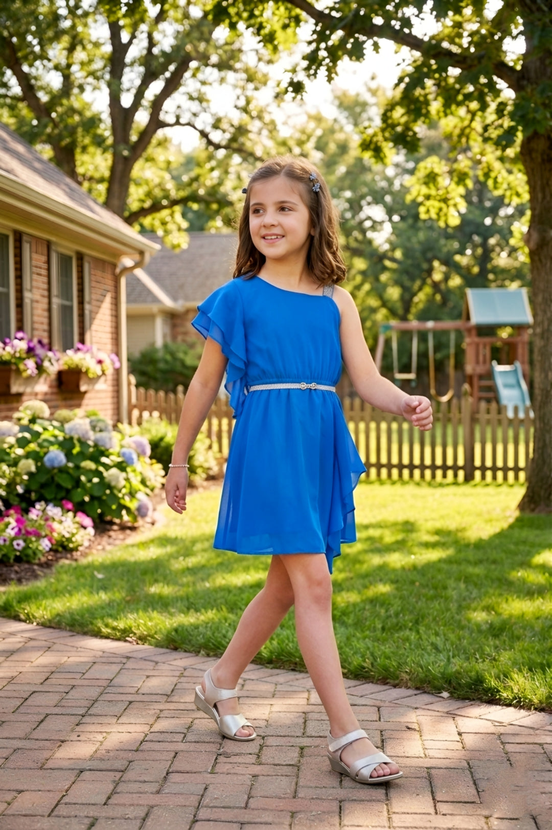 Girls Blue One-Shoulder Ruffle Party Dress with a Belt