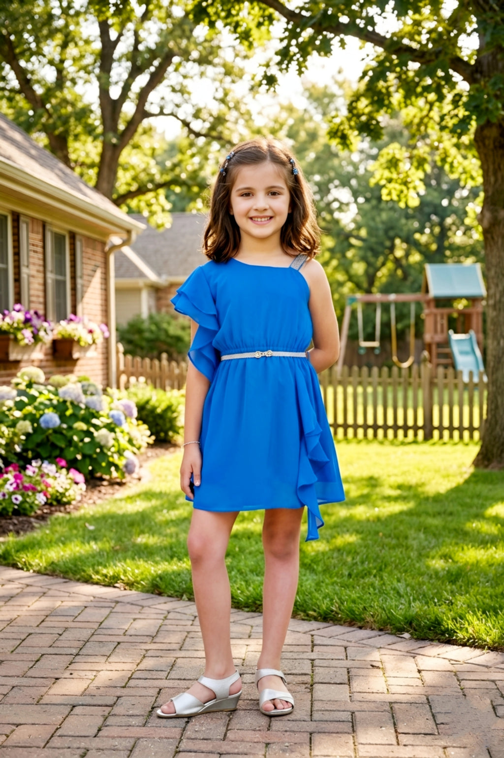 Girls Blue One-Shoulder Ruffle Party Dress with a Belt