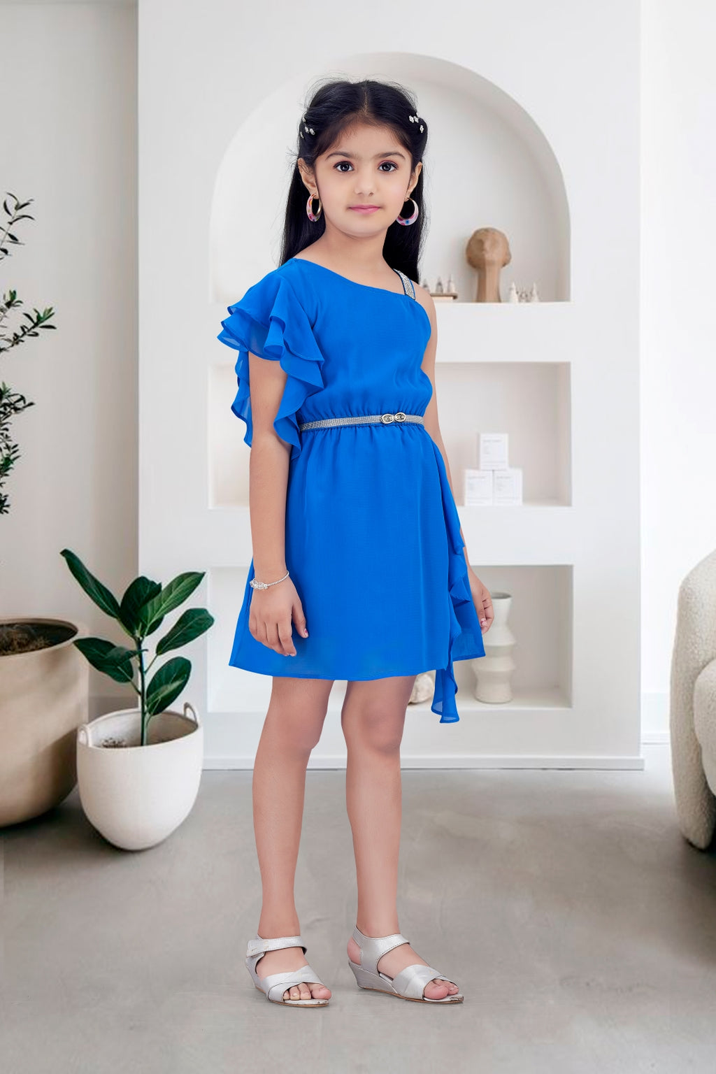 Girls Blue One-Shoulder Ruffle Party Dress with a Belt