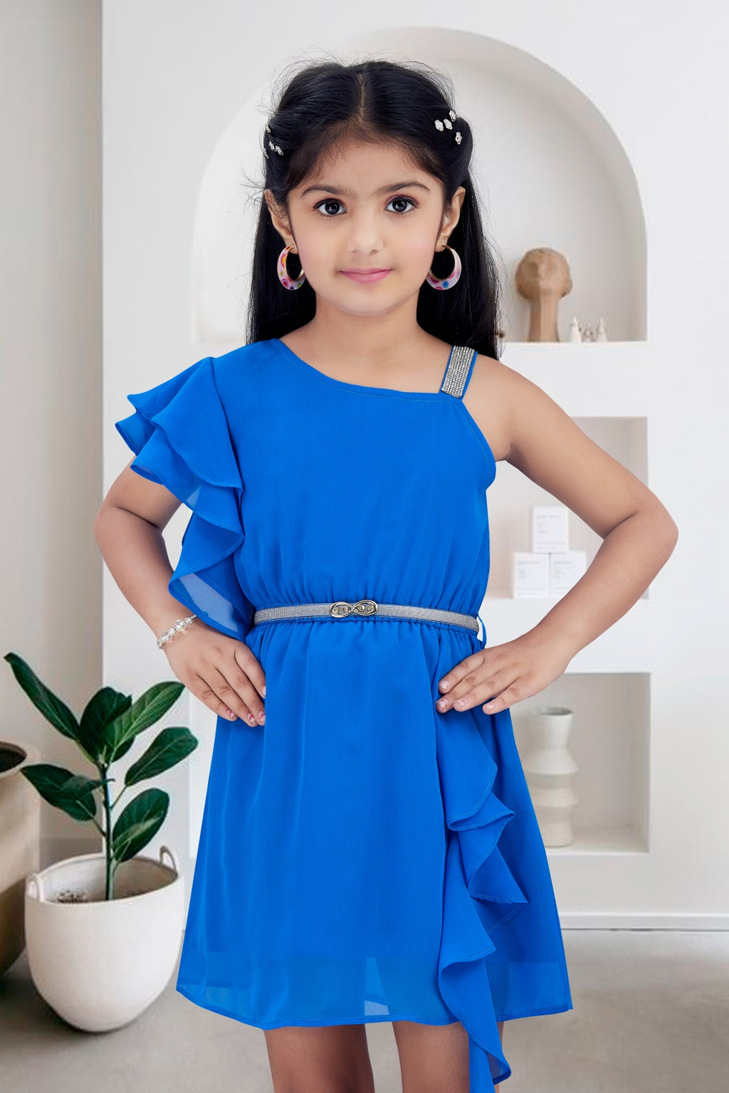 Girls Blue One-Shoulder Ruffle Party Dress with a Belt