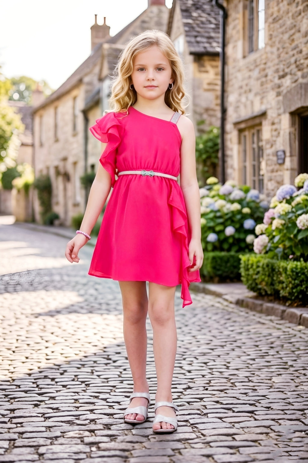 Girls Pink One-Shoulder Ruffle Party Dress with a Belt