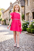 Girls Pink One-Shoulder Ruffle Party Dress with a Belt
