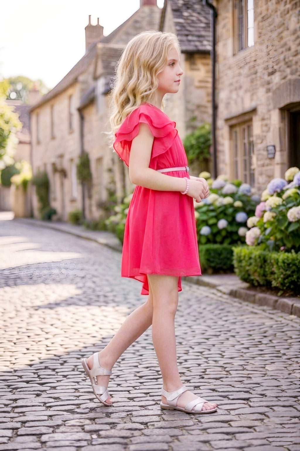 Girls Pink One-Shoulder Ruffle Party Dress with a Belt