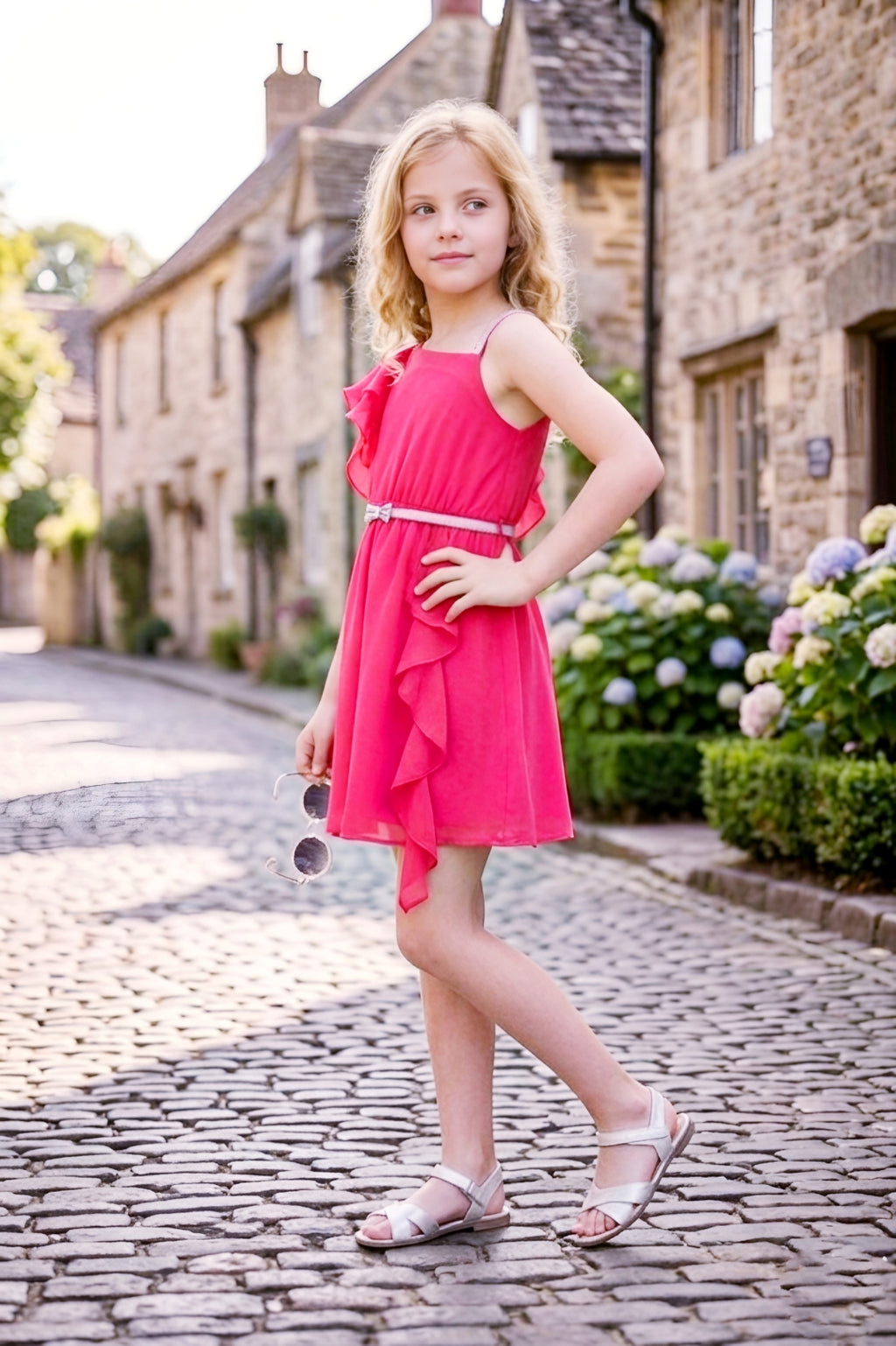 Girls Pink One-Shoulder Ruffle Party Dress with a Belt
