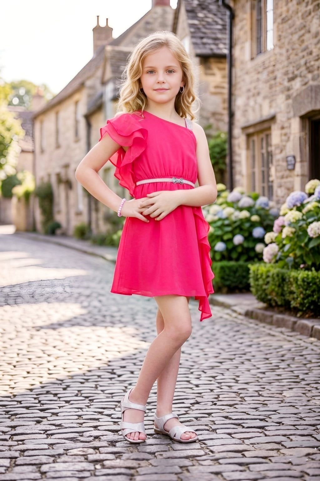 Girls Pink One-Shoulder Ruffle Party Dress with a Belt