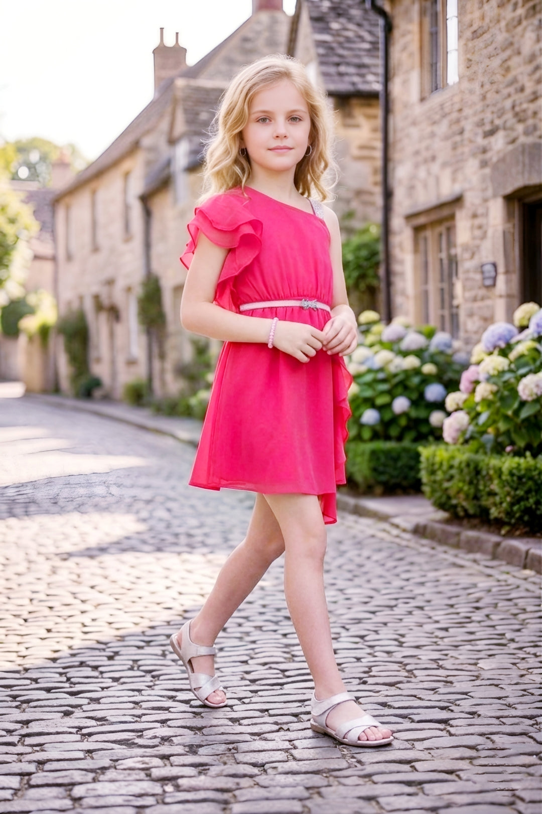 Girls Pink One-Shoulder Ruffle Party Dress with a Belt