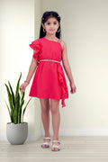 Girls Pink One-Shoulder Ruffle Party Dress with a Belt