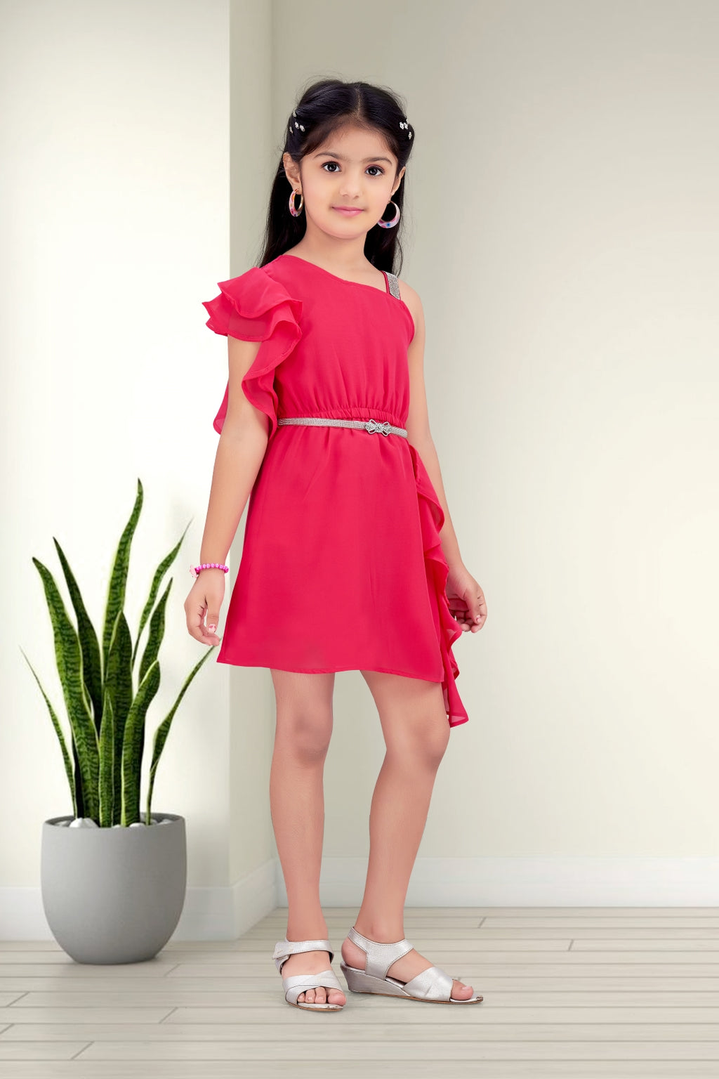 Girls Pink One-Shoulder Ruffle Party Dress with a Belt