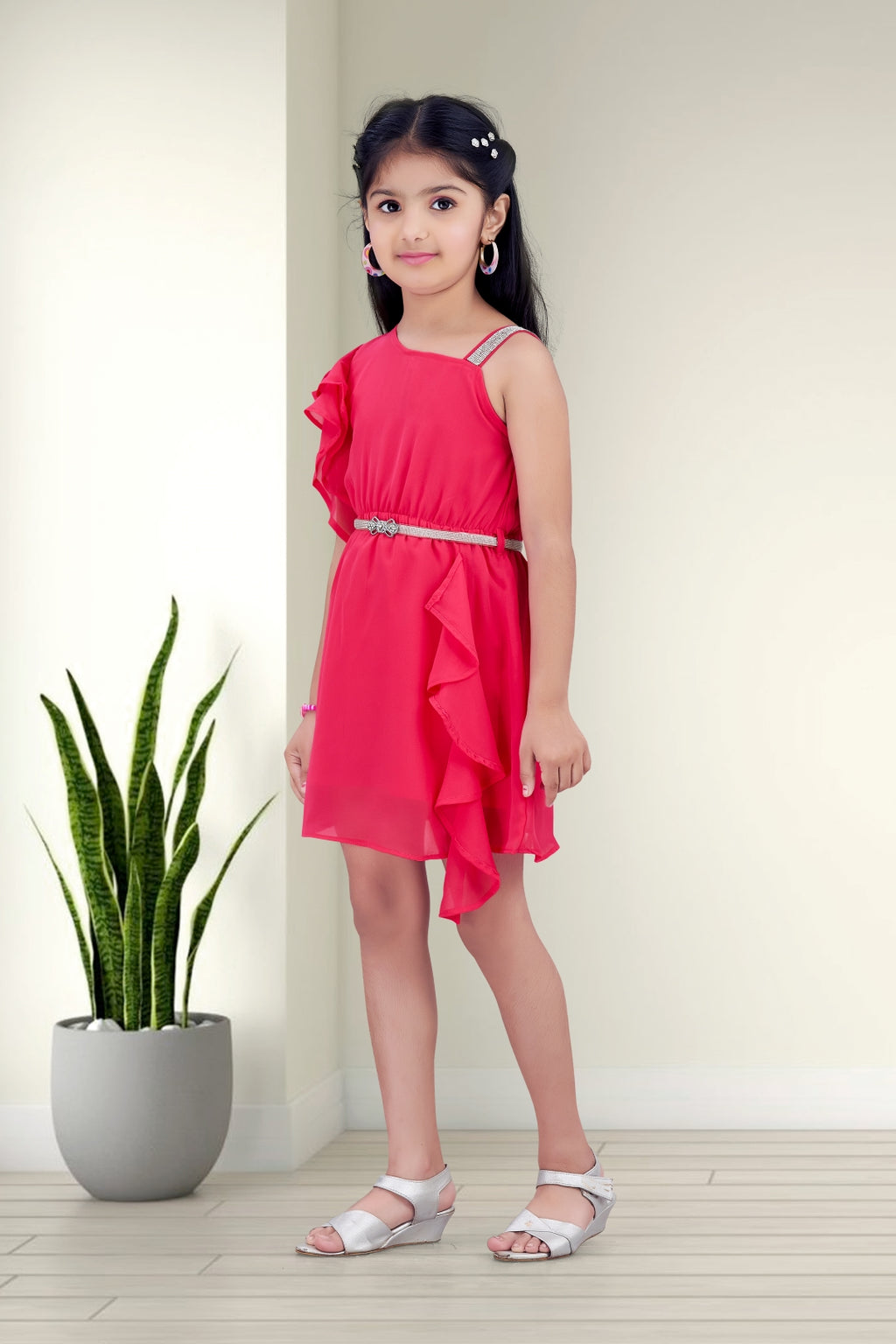Girls Pink One-Shoulder Ruffle Party Dress with a Belt