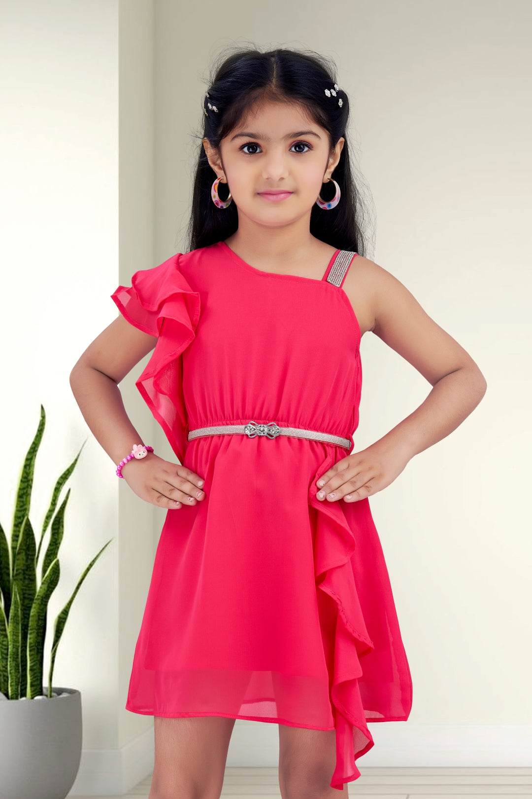 Girls Pink One-Shoulder Ruffle Party Dress with a Belt