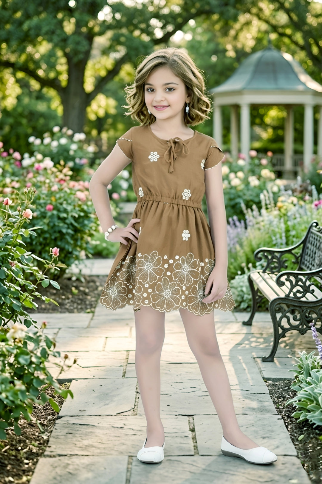 Girls Brown Frock with White Floral Embroidery