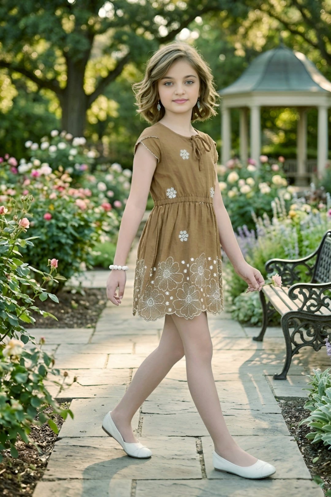 Girls Brown Frock with White Floral Embroidery