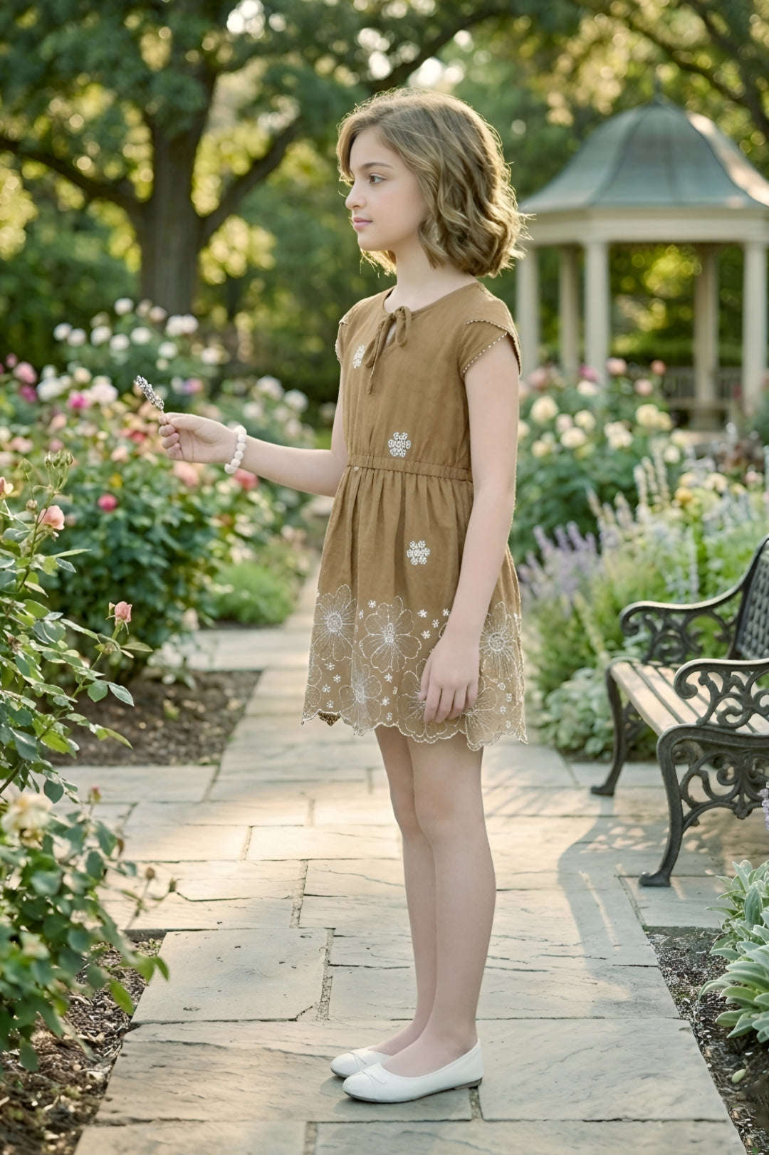 Girls Brown Frock with White Floral Embroidery