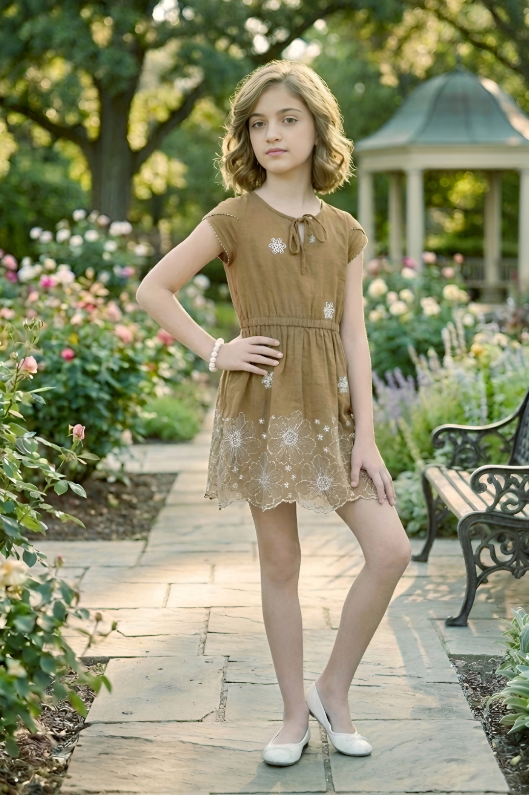 Girls Brown Frock with White Floral Embroidery